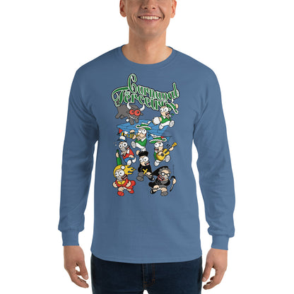 Azorean Carnival long sleeve shirt featuring colorful bailinhos design in Indigo Blue