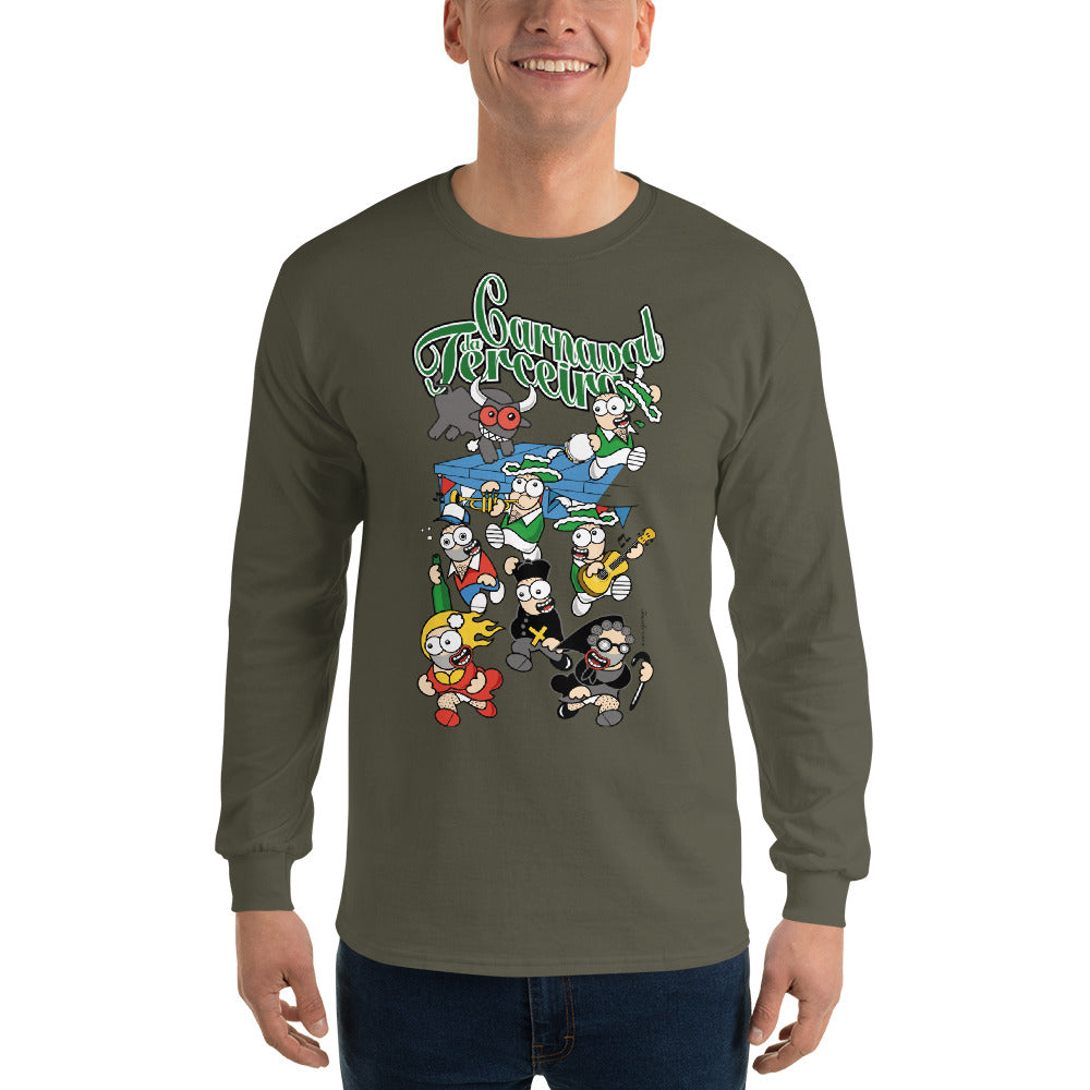 Azorean Carnival long sleeve shirt featuring colorful bailinhos design in Military Green