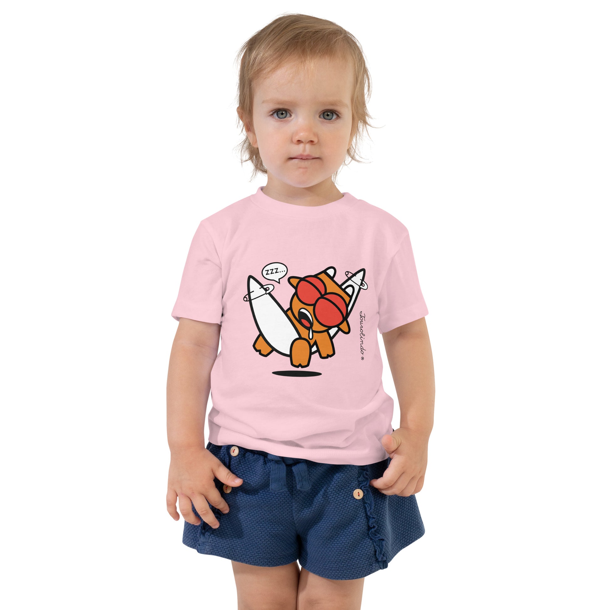 Toddler Azores T-Shirt - Quim Quim Sesta Surfing Cartoon Design in pink