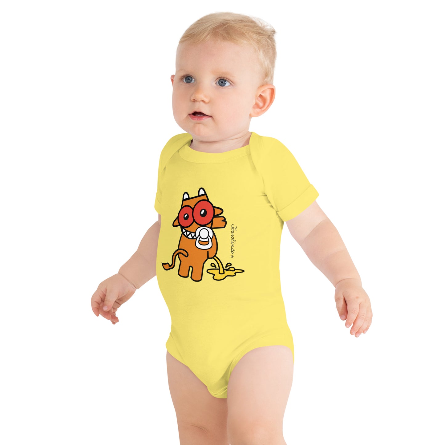 Yellow Baby Tourolindo Quim Quim Xixi baby one-piece bodysuit featuring a playful Azorean bull design on the front.