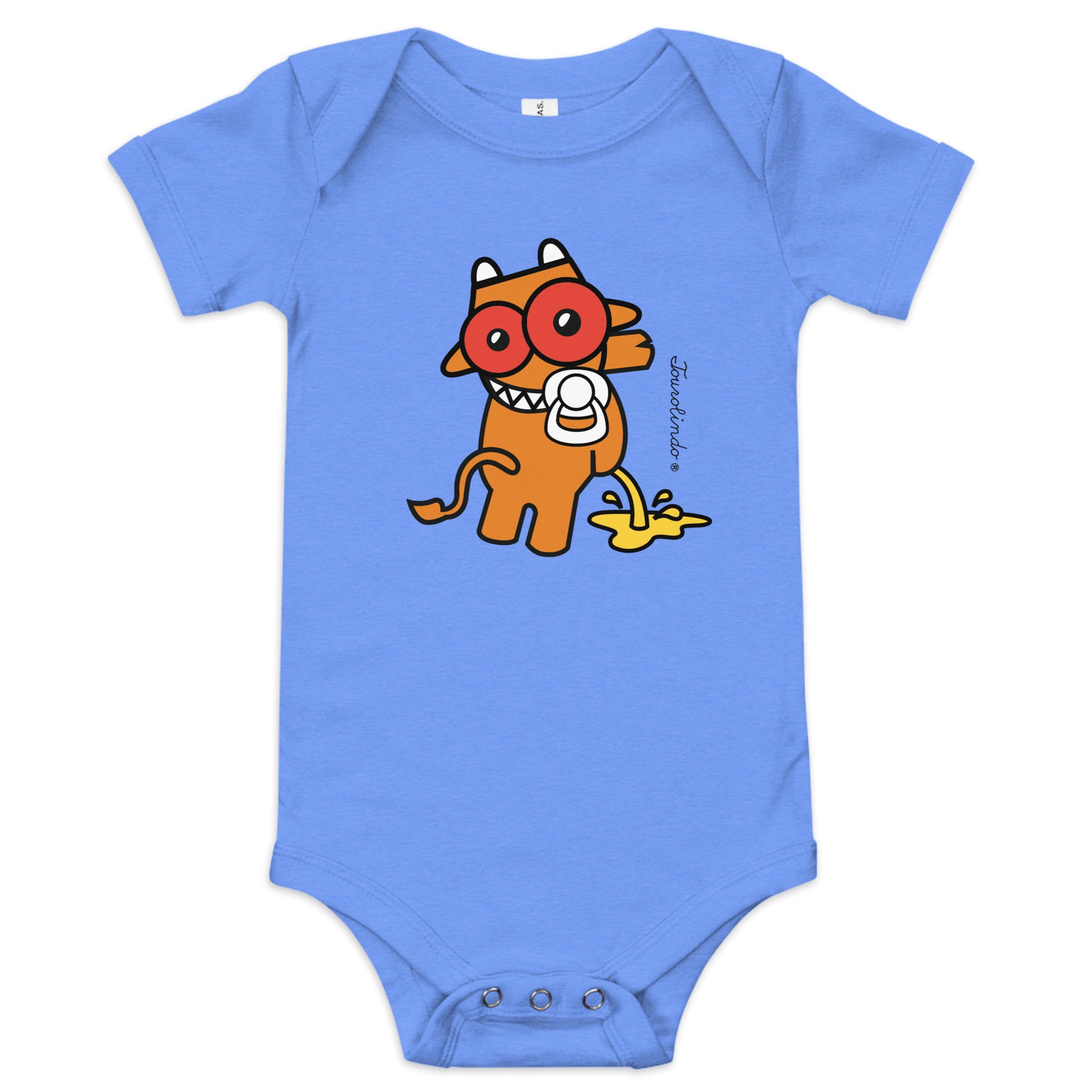 Blue Tourolindo Quim Quim Xixi baby one-piece bodysuit featuring a playful Azorean bull design on the front.
