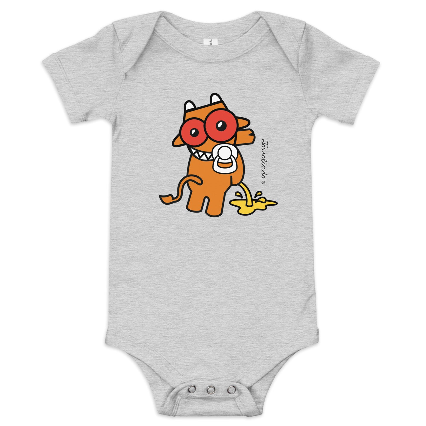 Grey Tourolindo Quim Quim Xixi baby one-piece bodysuit featuring a playful Azorean bull design on the front.