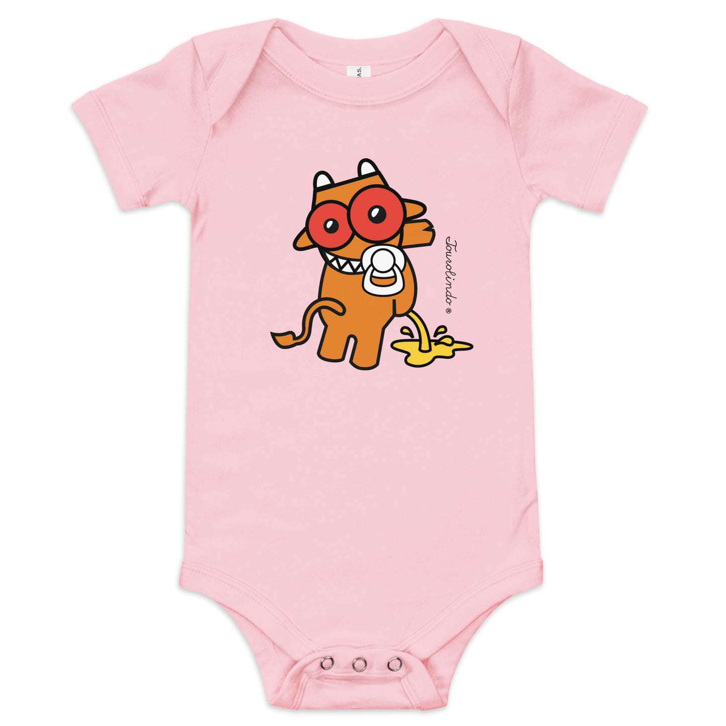 Pink Tourolindo Quim Quim Xixi baby one-piece bodysuit featuring a playful Azorean bull design on the front.