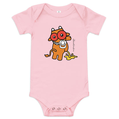 Pink Tourolindo Quim Quim Xixi baby one-piece bodysuit featuring a playful Azorean bull design on the front.