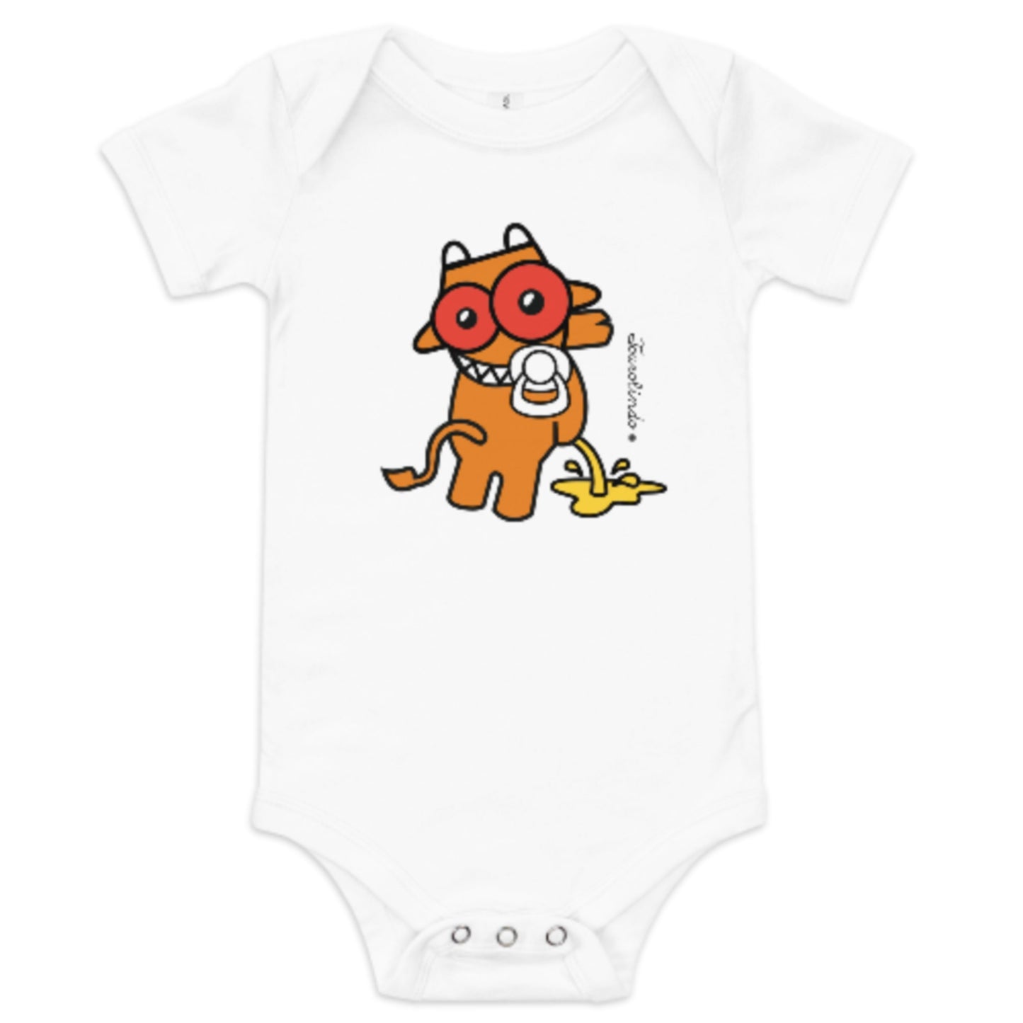 WhiteTourolindo Quim Quim Xixi baby one-piece bodysuit featuring a playful Azorean bull design on the front.