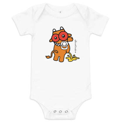 WhiteTourolindo Quim Quim Xixi baby one-piece bodysuit featuring a playful Azorean bull design on the front.