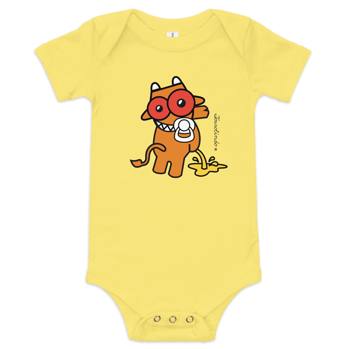 Yellow Tourolindo Quim Quim Xixi baby one-piece bodysuit featuring a playful Azorean bull design on the front.